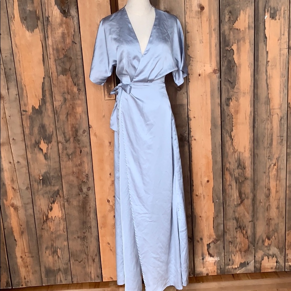 Sky Blue Satin Wrap Dress